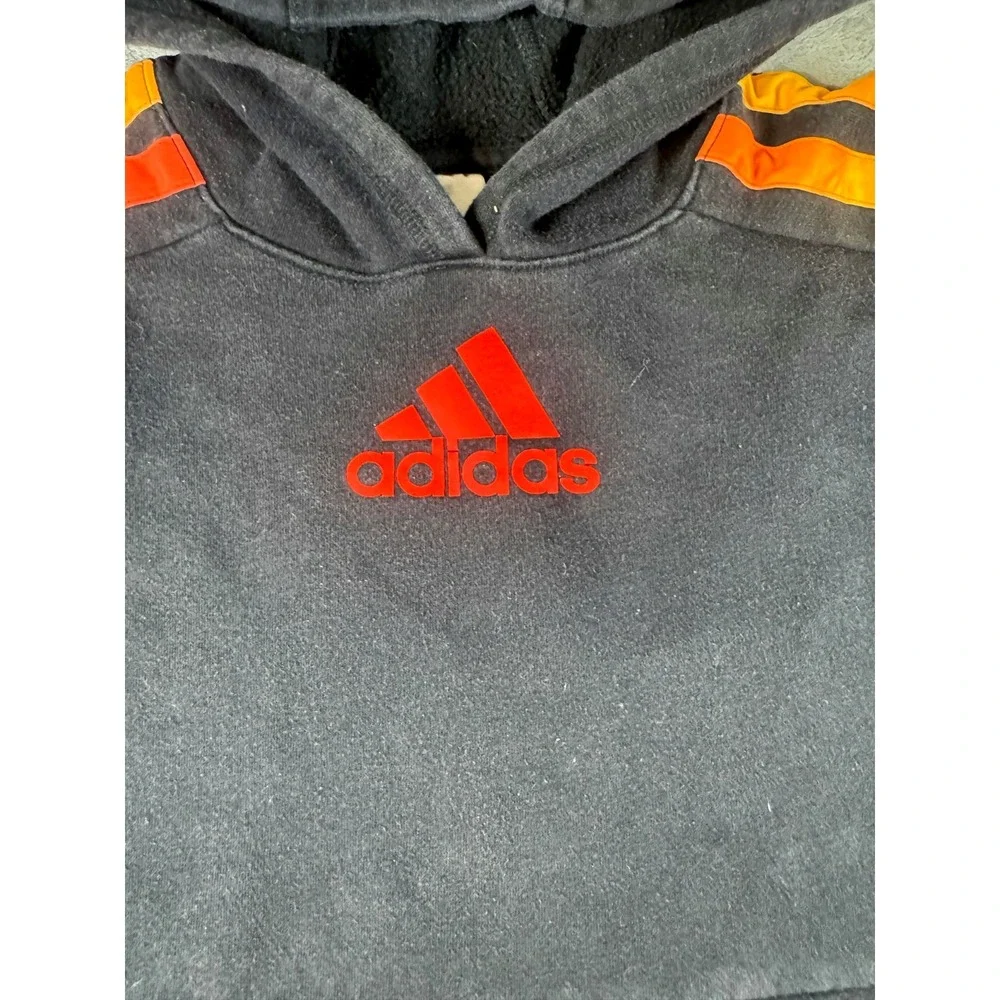 Adidas Youth Black and Orange Graphic‎ Logo Pullover Hoodie 3-Stripe LG 14/16
